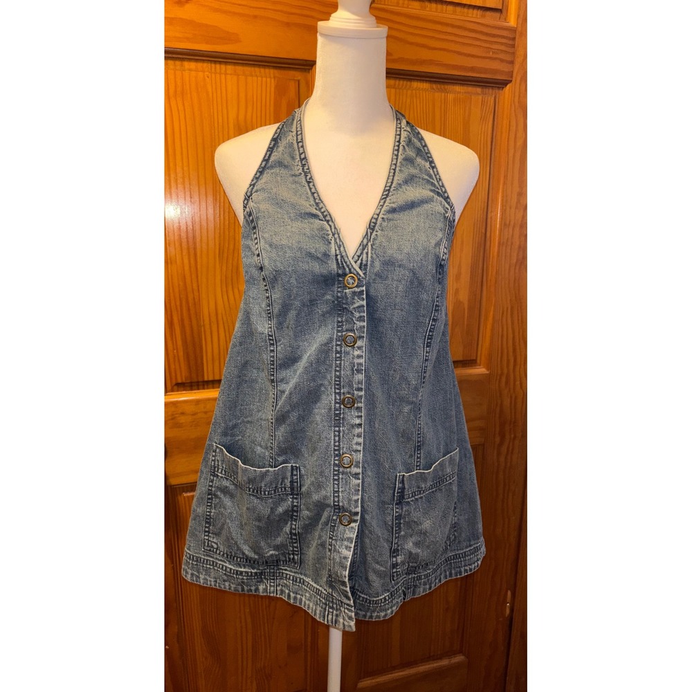 Free People Denim Halter – Size Large – Blue Wash – Open Back – Boho Y2K